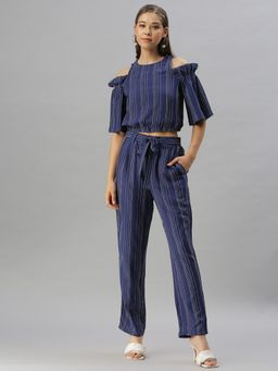 SHOWOFF - Women Above Knee Round Neck Blue Stripes Design Co-Ord (Set of 2)