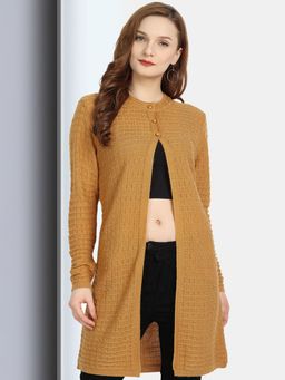 CLAPTON - Womens Wool Blend Gold Full Sleeve Solid Self Design Round Neck Cardigan