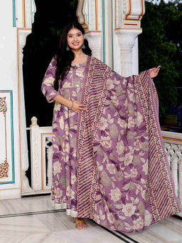 Doriyaan - Womens Purple Printed with Beautiful Anarkali Kurta & Dupatta (Set of 2)