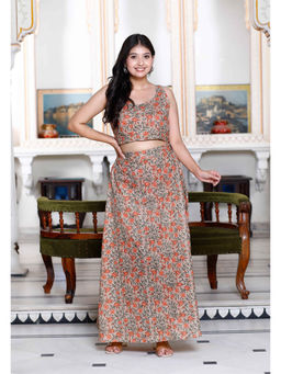 Doriyaan - Womens Brown Floral Printed Crop Top and Skirt (Set of 2)
