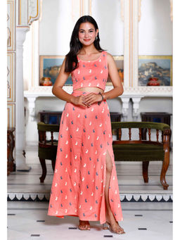 Doriyaan - Womens Peach Print Round Neck Corp Top with Side Slit Skirt (Set of 2)