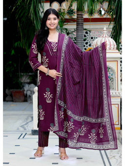 Doriyaan - Womens Cotton Fabric Purple Color Kurta with Pants and Dupatta (Set of 3)