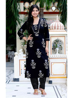 Doriyaan - Womens Cotton Gota Patti Black Floral Printed Straight Kurta Pants (Set of 2)