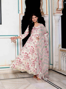 Miravan - Womens Light Pink Floral Printed and Anarkali Kurta with Dupatta (Set of 2)