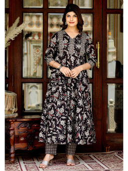 Miravan - Womens Yoke Embroidery Black Anarkali Kurta and Pants (Set of 2)