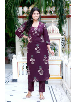 Miravan - Womens Cotton Fabric Purple New Style Kurta with Pants (Set of 2)