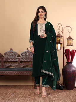 Varanga - Green Floral Yoke Design Thread Work Velvet Straight Kurta with Trousers & Dupatta