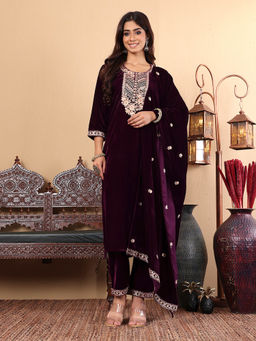 Varanga - purple Zari Embroidered velvet winter straight Kurta with Trouser and Dupatta