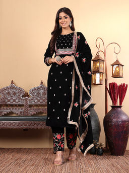 Varanga - Women Floral Embroidered Velvet Straight Kurta with Trousers & Dupatta