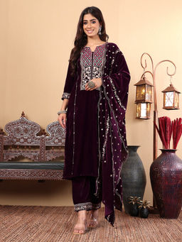 Varanga - wine Floral Yoke Embroidered Velvet winter Kurta with Trousers & Dupatta