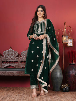 Varanga - Green Floral Embroidered Sequinned Velvet Straight Kurta with Trousers & Dupatta