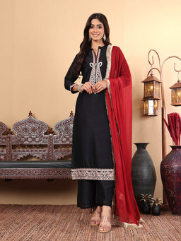 Varanga - Women Black Zari Embroidered Kurta with Pants and Dupatta (Set of 3)