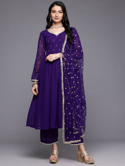 Varanga - Women Purple Embroidered Anarkali Kurta with Pants and Dupatta (Set of 3)
