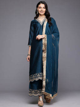 Varanga - Women Blue V Neck Zari Embroidered Kurta and Palazzo with Dupatta (Set of 3)