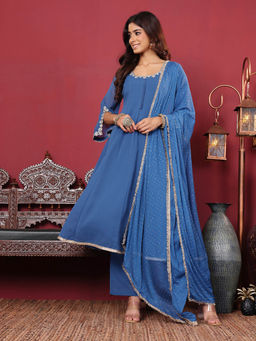 Varanga - Women Embroidered Anarkali Kurta with Tonal Pants and Dupatta (Set of 3)