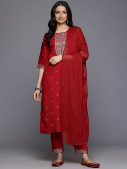 Varanga - Women Maroon Round Neck Embroidered Kurta with Pants and Dupatta (Set of 3)