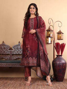 Varanga - Women Maroon Floral Printed Kurta Paired with Pants and Dupatta (Set of 3)