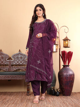 Varanga - Women Purple French Knot Kurta and Pants with Embroidered Dupatta (Set of 3)