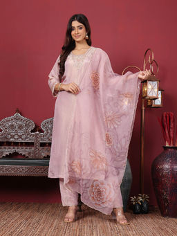 Varanga - Women Lavender Embroidered Straight Kurta and Pants with Dupatta (Set of 3)