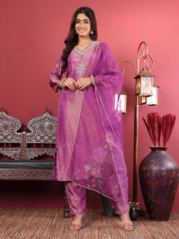 Varanga - Women V Neck Kurta and Pants with Printed Dupatta (Set of 3)