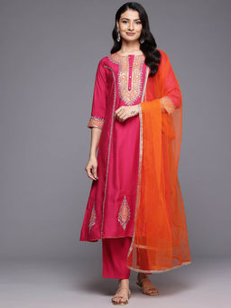 Varanga - Women Pink Zari Embroidered Kurta with Pants and Dupatta (Set of 3)