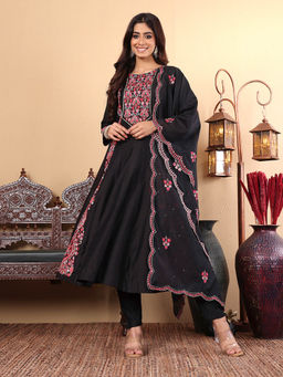 Varanga - Women Pure Black Anarkali Kurta and Pants with Dupatta (Set of 3)