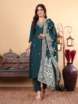 Varanga - Women Pure Silk Green Straight Kurta and Pants with Dupatta (Set of 3)