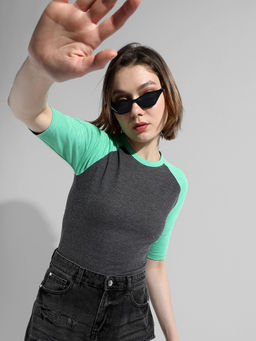 Campus Sutra - Womens Mint Green Colorblock Regular Fit T-Shirt