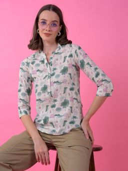 CRIMSOUNE CLUB - Women Green Printed V-Neck Linen Top
