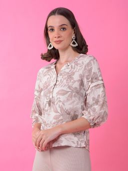 CRIMSOUNE CLUB - Women White Floral Print Mandarin Neck Top