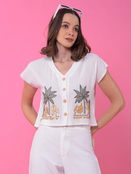 CRIMSOUNE CLUB - Women White Embroidered V-Neck Cropped Linen Top