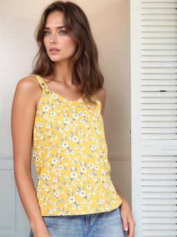 RARE - Women Casual Mustard Colour Shoulder Straps Floral Regular Top