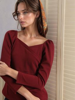 RARE - Women Casual Maroon Colour Sweetheart Neck Solid Regular Top
