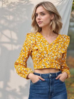 RARE - Women Casual Yellow Colour V-Neck Floral Regular Top