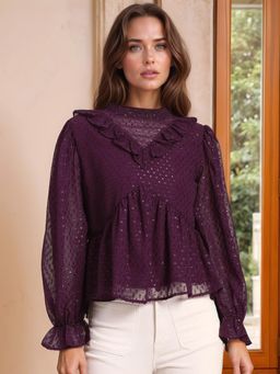 RARE - Women Casual Purple Colour High Neck Self Design Regular Top