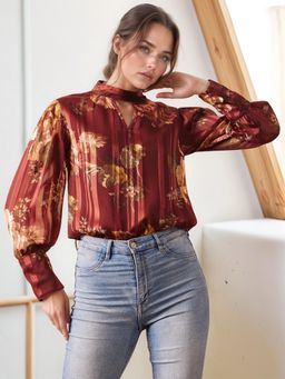RARE - Women Casual Maroon Colour Choker Neck Floral Regular Top