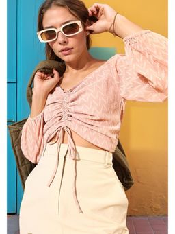 RARE - Women Self Design Peach Colour Off-Shoulder Fitted Opaque Top