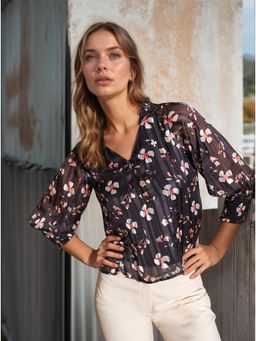 RARE - Women Casual Black Colour V-Neck Floral Regular Top