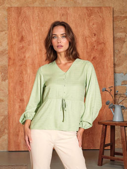 RARE - Women Casual Green Colour V-Neck Self Design Regular Top