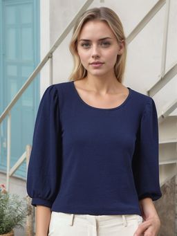 RARE - Women Casual Navy Blue Colour Round Neck Solid Regular Top