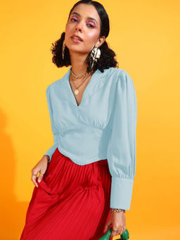 RARE - Women Solid Sky Blue Colour Shirt Collar Regular Opaque Top