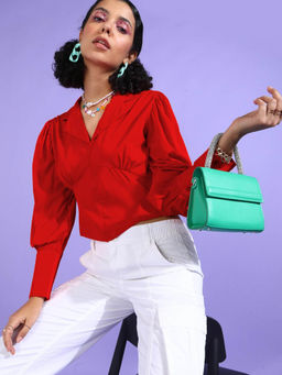 RARE - Women Solid Red Colour Shirt Collar Regular Opaque Top