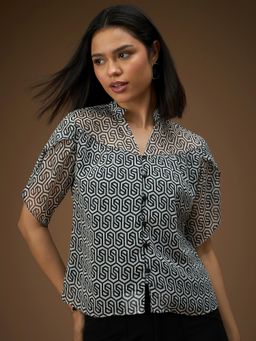 RARE - Women Printed Black Print Colour Mandarin Neck Regular Opaque Top