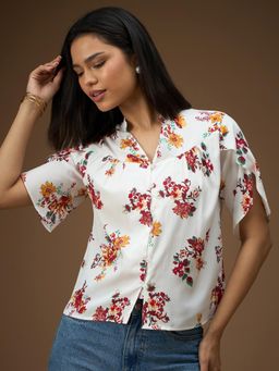 RARE - Women Printed White Colour V-Neck Regular Opaque Top