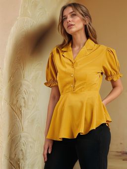 RARE - Women Casual Mustard Colour Shirt Collar Solid Peplum Top