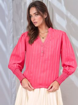 RARE - Women Casual Pink Colour Mandarin Neck Vertical Stripes Regular Top