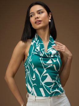 RARE - Women Printed Green Colour Halter Neck Styled Back Opaque Top