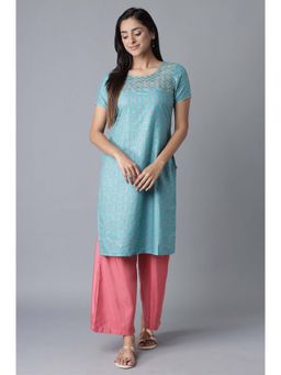 Aurelia - Aure Collection By Aurelia Blue Kurta- Pink Straight Palazzo (Set of 2)