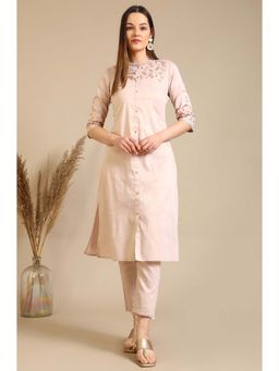 Aurelia - Pink Round Neck Embroidered Kurta with Pant (Set of 2)