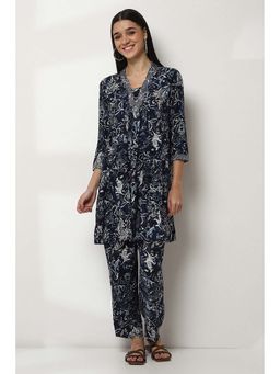 Rangriti - Blue V-Neck Printed Kurta with Pant (Set of 2)